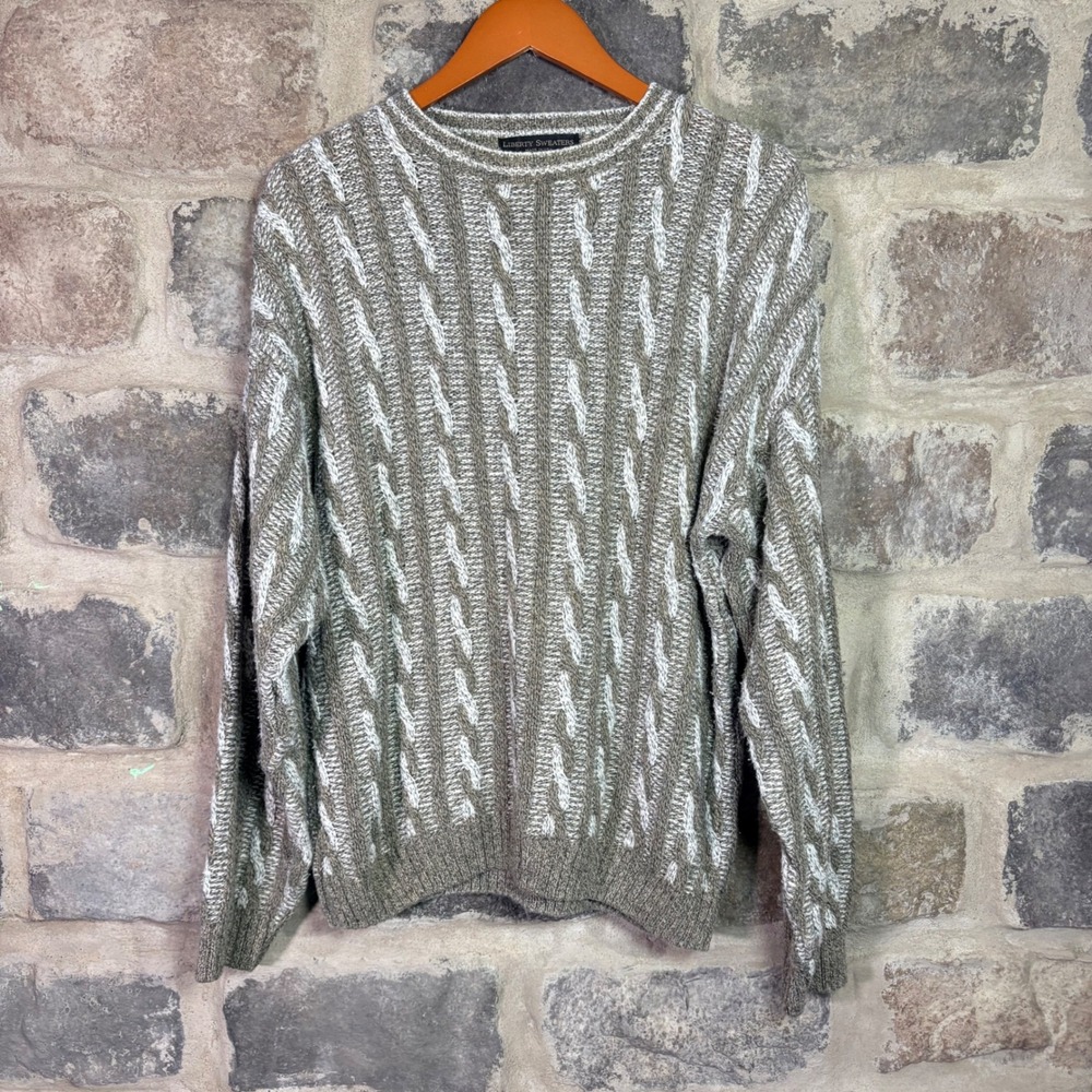 VTG Liberty Sweaters Men's Large Cable Knit Pullover Crewneck‎ Olive Green USA